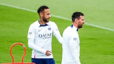 Lionel Messi and Neymar take part in training. Getty