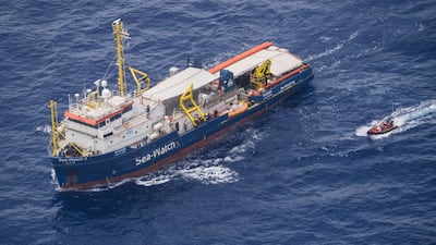 An aerial view of the Sea-Watch 3 vessel during a rescue operation at sea in the Mediterranean, 12 June 2019. Sea-Watch