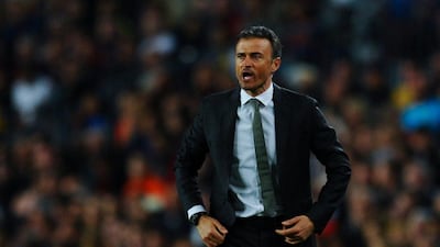 Head coach Luis Enrique of FC Barcelona reacts during the La Liga match between FC Barcelona and Valencia CF at Camp Nou on April 17, 2016 in Barcelona, Spain. (Photo by David Ramos/Getty Images)
