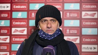 Tottenham's Jose Mourinho gives a post-match interview after the FA Cup third round football match against Marine on January 10, 2021. Tottenham won the game 5-0. AFP