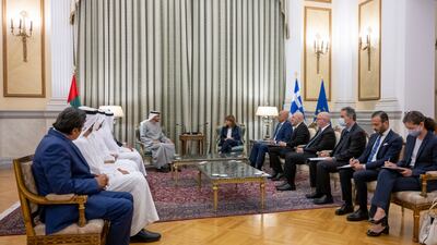 President Sheikh Mohamed meets Greek President Katerina Sakellaropoulou at the Presidential Mansion.