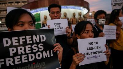 Supporters of ABS-CBN, the country's top broadcast network, hold a rally against the Philippine government's move to scrap its franchises, in Quezon City, Metro Manila, Philippines, February 10, 2020. Reuters