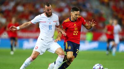 Pablo Sarabia of Spain is challenged by Vaclav Jurecka of Czech Republic during the Uefa Nations League, League A Group 2 match at La Rosaleda Stadium on June 12, 2022 in Malaga, Spain. Spain won the match 2-0. Getty Images