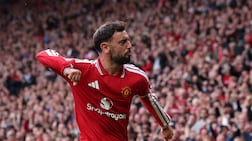 Bruno Fernandes of Manchester United celebrates scoring the 1-1 goal during the English Premier League match Manchester United against Ipswich Town, in Manchester, Britain, 30 August 2026. EPA/ADAM VAUGHAN EDITORIAL USE ONLY. No use with unauthorized audio, video, data, fixture lists, club/league logos, 'live' services or NFTs. Online in-match use limited to 120 images, no video emulation. No use in betting, games or single club/league/player publications.