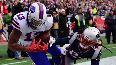 Buffalo Bills wide receiver Kelvin Benjamin, left, thought he scored a touchdown against the New England Patriots but it was disallowed. John Cetrino / EPA
