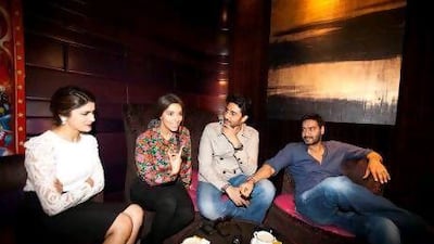 Dubai, June 30, 2012 -- (L to R) Prachi Desai, Asin Thottumkal, Abhishek Bachchan and Ajay Devgn, stars Bollywood movie Bol Bachchan appear at a press conference at Grand Hyatt in Dubai, June 30 2012. (Photo by: Sarah Dea/The National)