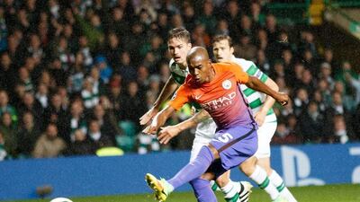 Manchester City’s Fernandinho scores a goal during the Champions League match against Celtic. Robert Perry / EPA