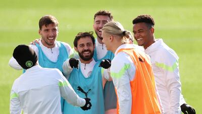 Manchester City's Ruben Dias, Bernardo Silva, Aymeric Laporte, Manuel Akanji and Erling Haaland during training at Etihad Campus. Reuters