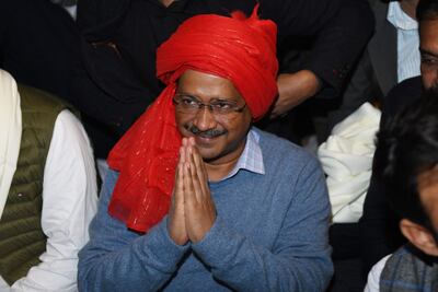 Aam Aadmi Party leader and Delhi Chief Minister Arvind Kejriwal pays his respects to an idol of Hindu sage Valmiki on the outskirts of Amritsar in Punjab this week. AFP