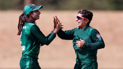 Pakistan's Syeda Aroob Shah celebrates the run out of Lavanya Keny of the UAE for five
