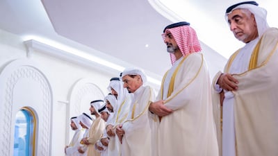 Sheikh Humaid bin Rashid Al Nuaimi, Ruler of Ajman, takes part in Eid Al Adha prayers at Al Zaher Palace Mosque, Ajman. Photo: Wam