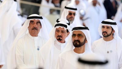 Sheikh Mohammed bin Rashid, centre right, with Sheikh Saud bin Rashid Al Mualla, Ruler of Umm Al Quwain; Sheikh Humaid bin Rashid Al Nuaimi, Ruler of Ajman, and Sheikh Hamdan bin Mohamed, Crown Prince of Dubai.