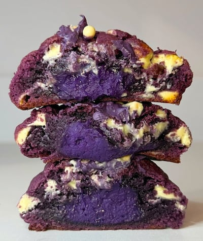 The ube and white chocolate chip cookie from Nina's Bakes has a sweet jammy centre. Photo: Christina Tamayo