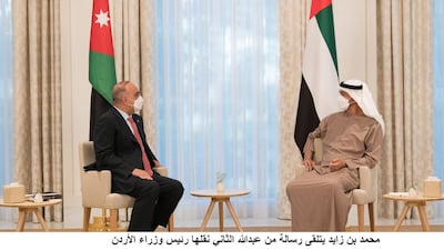 Sheikh Mohamed bin Zayed, Crown Prince of Abu Dhabi and Deputy Supreme Commander of the Armed Forces, meets with Jordanian Prime Minister Bisher Al-Khasawneh, at Al Shati Palace in Abu Dhabi. Ministry of Presidential Affairs