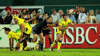 Australia sevens co-captain Sharni Williams, right, in action against New Zealand during the Emirates Dubai Sevens IRB Women's Sevens World Series Cup Final in Dubai, UAE. Warren Little/Getty Images