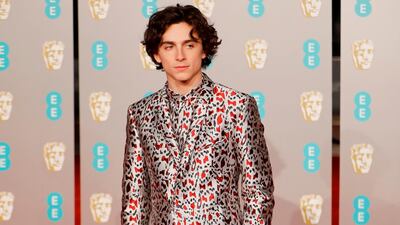 Timothee Chalamet wearing Haider Ackermann at the 2019 Bafta Awards ceremony at the Royal Albert Hall in London, on February 10, 2019. AFP