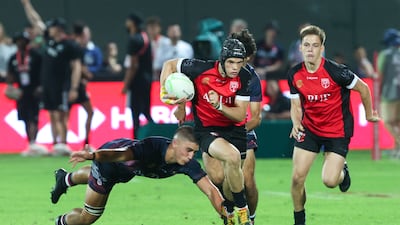 Action from the Gulf Under-19 Boys final between DESS College and Dubai College at the Emirates Dubai Sevens. Victor Besa / The National