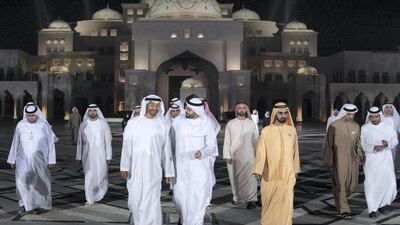 The UAE leaders leave after touring Qasr Al Watan. Ryan Carter / Ministry of Presidential Affairs