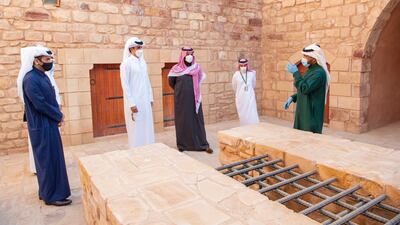 His Highness Saudi Arabia's Crown Prince Mohammed bin Salman accompanies His Highness Qatar's Emir Sheikh Tamim bin Hamad al-Thani on a tour of the archaeological sites in Al-Ula. Courtesy of Saudi Royal Court