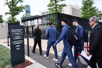 Members of the Iranian national football team camp arrive at the US Embassy in Ankara for their visa application on May 21. AFP