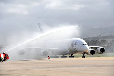 The first A380 to land at Rafik Hariri International Airport is met with a water cannon salute. Emirates