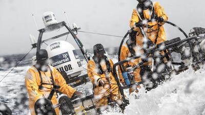 Waves crash over Azzam as Abu Dhabi Ocean Racing make their way to Cape Town, South Africa on Halloween Day. Matt Knighton / Abu Dhabi Ocean Racing / Volvo Ocean Race / October 31, 2014