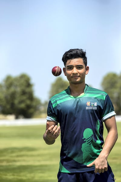 Huzaifah Khan, 17, along with older brother Hanzalah spend their summer breaks back in the UAE where they attend training sessions at the Zayed Cricket Academy. Christopher Pike / The National