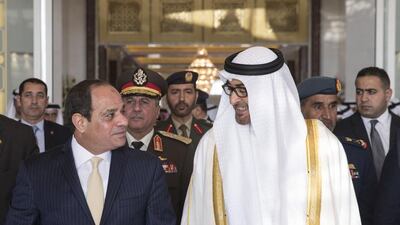 Sheikh Mohammed bin Zayed, Crown Prince of Abu Dhabi and Deputy Supreme Commander of the Armed Forces, welcomes Abdel Fattah El Sisi, president of Egypt, at the Presidential Flight in Abu Dhabi. Ryan Carter / Crown Prince Court – Abu Dhabi