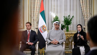 Sheikh Mohamed with Sheikh Hazza bin Zayed, left, and Shamma bint Suhail Al Mazrouei.