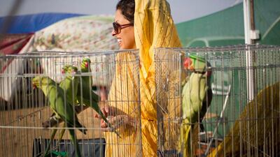 Mariam Ibrahim, 31, smiles after lifting a cage of young parrots into the sunlight. Mariam and her extended family, originally from Dubai, have been camping by the Dibba beach every holiday since 2009.