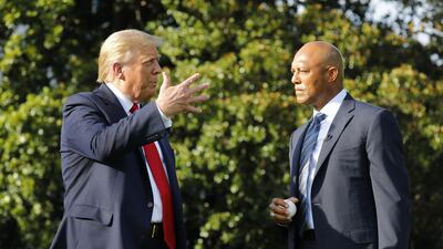 US President Donald Trump, left, and Mariano Rivera, former pitcher for the New York Yankees, talk on the South Lawn of the White House. Bloomberg