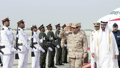 Sheikh Mohammed bin Zayed, Crown Prince of Abu Dhabi and Deputy Supreme Commander of the Armed Forces, receives Egypt’s defence minister, Field Marshal Abdel Fattah El Sisi, yesterday in the capital. Wam