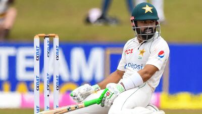Pakistan’s Mohammad Rizwan looks on after avoiding a bouncer in Galle. AFP