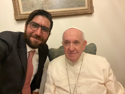 Omar Mohammed with Pope Francis at Casa Santa Marta, The Vatican, in October 2021. Mosul Eye. Photo: Omar Mohammed