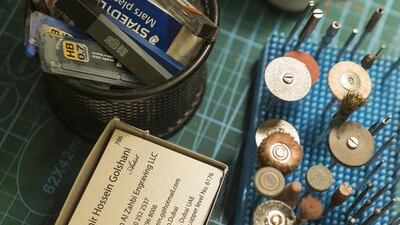 Some of the tools master calligrapher and engraver Amir Hossein uses for his delicate work. Antonie Robertson / The National