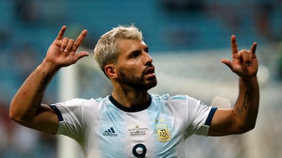 Argentina's Sergio Aguero celebrates after scoring against Qatar in the Copa America group match at the Gremio Arena in Porto Alegre, Brazi in June, 2019. AFP