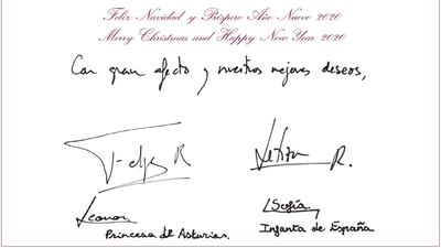 Along the photo, the Spanish Royal Christmas card included a greeting for the holiday season and new year, written in both Spanish and English, signed by Felipe, Letizia, Leonor and Sofia. Getty Images