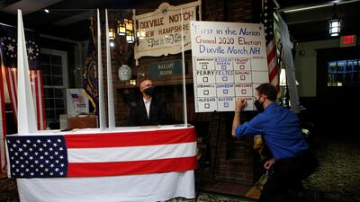 Tanner Tillotson writes on a board the results of ballots cast shortly after midnight for the U.S. presidential election at the Hale House at Balsams Hotel in the hamlet of Dixville Notch, New Hampshire. Reuters