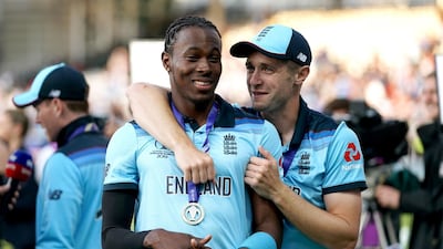 Jofra Archer, left, and Chris Woakes after England's triumph over New Zealand in the World Cup final at Lord's in July 2019. PA