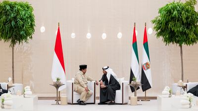 President Sheikh Mohamed with Prabowo Subianto, President of Indonesia, at the Presidential Airport. Abdulla Al Bedwawi / UAE Presidential Court