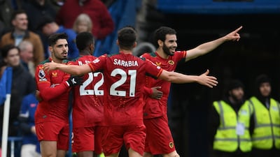 Wolves' Rayan Ait-Nouri celebrates the second goal with teammates, which was later declared an own goal. EPA