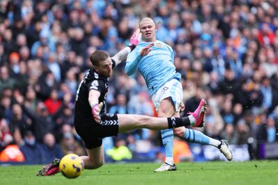 Erling Haaland scores his second goal against Everton. Getty Images