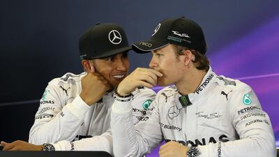 Mercedes drivers Lewis Hamilton, left, and Nico Rosberg at the official press conference following qualifying for the Australian Formula One Grand Prix at Albert Park on March 15, 2014 in Melbourne, Australia. Mark Thompson/Getty Images