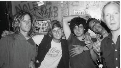 Faith No More before a show at the Mabuhay gardens in 1984: Roddy Bottum, Bill Gould, Mike Bordin, Chuck Mosley, and Mark Bowen. Courtesy Bill Gould / Faith No More.
