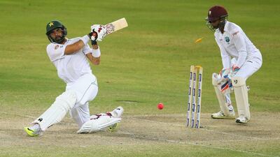 Pakistan captain Misbah-ul-Haq is bowled by Devendra Bishoo during Day 4 of the Test match between Pakistan and the West Indies in Dubai. Francois Nel /Getty Images