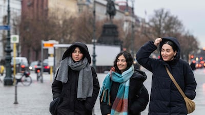Iranian actresses, from left, Niousha Akhshi, Setareh Maleki and Mahsa Rostami, who appeared in Mohammad Rasoulof's The Seed of the Sacred Fig, now live in exile in Berlin. AFP