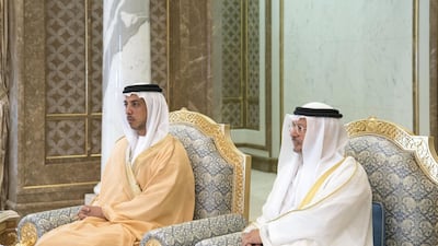 Sheikh Mansour bin Zayed and Dr Gargash attend a meeting with Giuseppe Conte at the Presidential Palace. Mohammed Al Hammadi / Ministry of Presidential Affairs