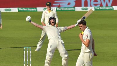 England's Ben Stokes celebrates hitting the winning runs on the fourth day of the third Ashes cricket Test match between England and Australia at Headingley in Leeds. AFP