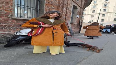 Walking the dogs in rust and yellow