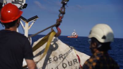 A boulder with the message 'For all our Futures' on the 'Arctic Sunrise'. Photo: Greenpeace